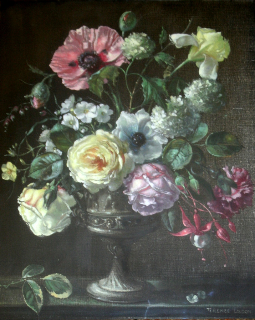 TERENCE LOUDON (Fl.1921-1940) AN URN OF SUMMER FLOWERS Signed, oil on canvas 49.5 x 39cm. ++ Good