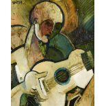 •GEOFFREY KEY (b.1941) THE GUITAR PLAYER Signed and dated 89, acrylic on board 52 x 41.5cm. ++