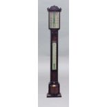 VICTORIAN ROSEWOOD STICK BAROMETER, with scrolling pediment and silvered gauge, the trunk with two