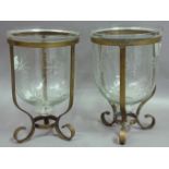 PAIR OF REGENCY STYLE GLASS LANTERNS, of inverted bell form with star cut decoration in a wrought