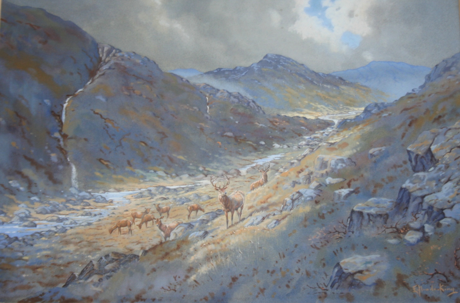 ERIC MEADE-KING (1911-1987) DEER IN A GLEN Signed, watercolour and gouache 33 x 49cm. ++ Good