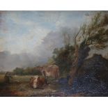 JOHN WILSON Junr (Circa 1850) MAN TENDING TWO COWS AND A GOAT IN A FIELD Signed verso, oil on panel,