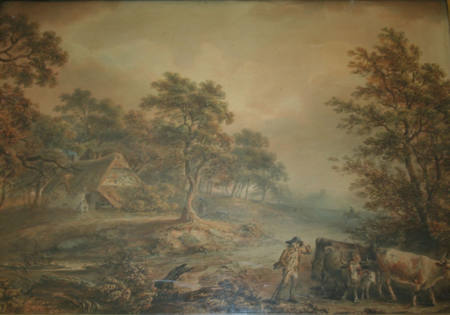 NICHOLAS POCOCK (1740-1821) COUNTRYFOLK AND CATTLE BY A WOODLAND COTTAGE Signed with initials and