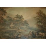 NICHOLAS POCOCK (1740-1821) COUNTRYFOLK AND CATTLE BY A WOODLAND COTTAGE Signed with initials and