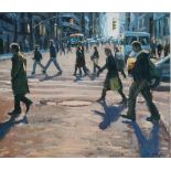 •JUSTIN TEW (b.1967) MADISON AVENUE, NEW YORK Signed, oil on canvas, unframed 30.5 x 35.5cm. ++ Good