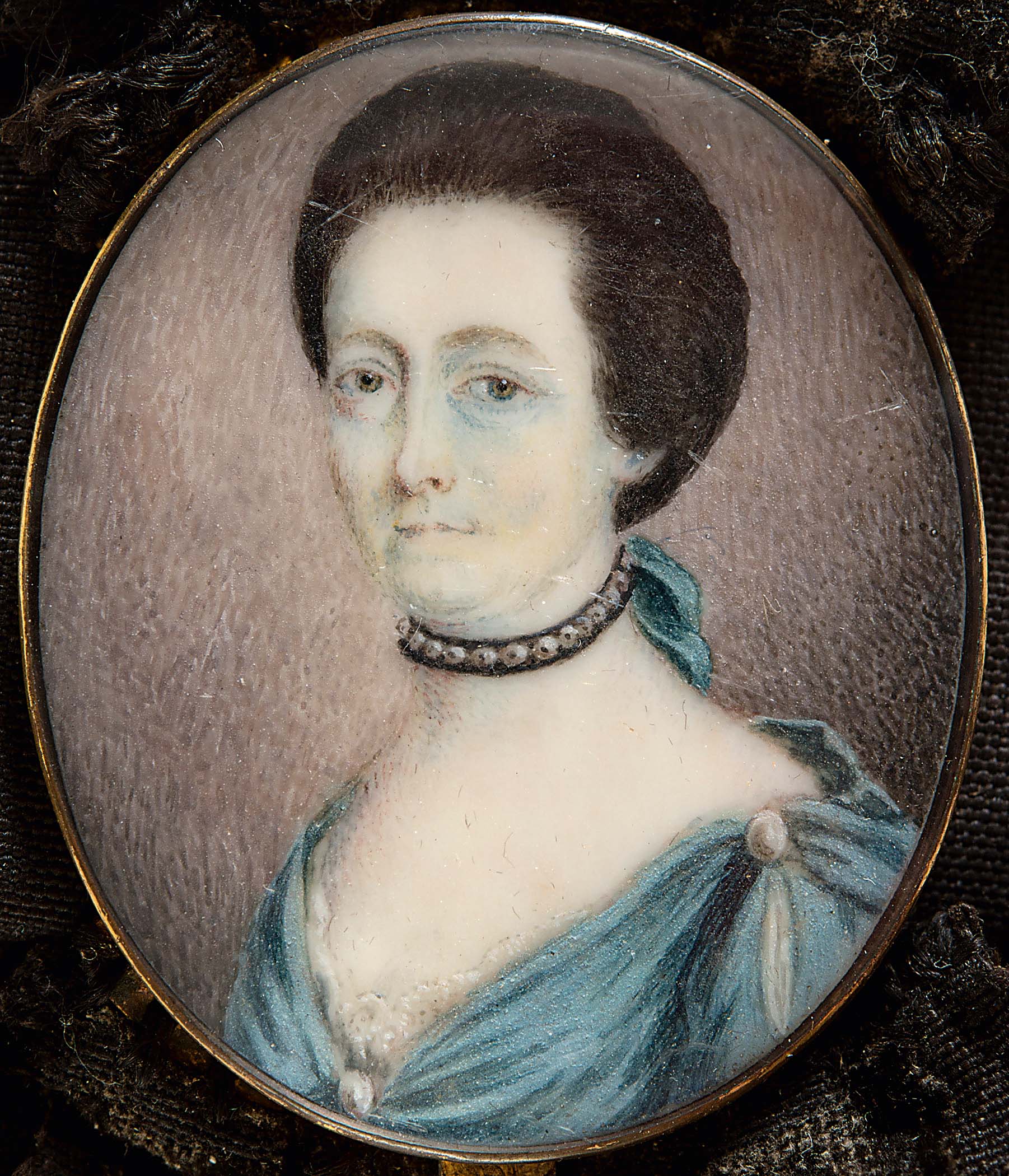 ENGLISH SCHOOL Portrait of Miss Glynne wearing a low blue dress and pearl & velvet necklace,