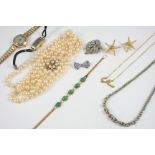 A QUANTITY OF JEWELLERY including a double row cultured pearl necklace, with gold and cultured pearl