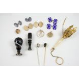 A MIXED LOT OF VARIOUS ITEMS including a pair of 9ct. gold oval-shaped cufflinks with engine