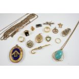 A QUANTITY OF JEWELLERY including an 18ct. gold ring set with three half pearls, a 9ct. gold muff