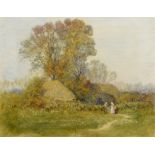 HELEN ALLINGHAM, RWS (1848-1926) COTTAGES NEAR YARMOUTH, ISLE OF WIGHT Signed, watercolour 23 x 29.