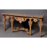 LOUIS XIV STYLE CARVED WOOD CONSOLE TABLE, 19th century, the serpentine marble top on a base with