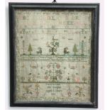 GEORGE III SAMPLER, dated 1787, by Susanna Kidd, with alphabets and a verse interspersed with