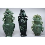THREE CHINESE GREEN JADE VASES AND COVERS, of archaistic form, carved with hoho bird, dog of fo