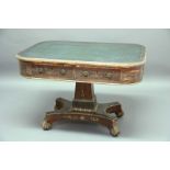 GEORGE IV SATINWOOD AND PAINTED LIBRARY TABLE, the rounded rectangular top with tooled leather