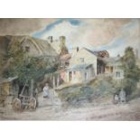 DAVID COX Junr, ARWS (1809-1885) FIGURES BY OLD RURAL COTTAGES Bears a signature, watercolour and