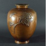 JAPANESE BRONZE VASE, Meiji, decorated in relief with butterflies amongst flowers, signature to