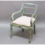 REGENCY PAINTED CARVER CHAIR, with scrolling arms and caned seat, light blue painted with gilt