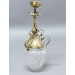 BRASS CEILING LANTERN, the tear drop shade with hobnail and star decoration suspended from a