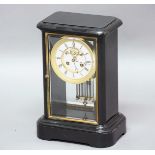 JW BENSON BLACK MARBLE MANTEL CLOCK, the 4 1/2" enamelled dial with exposed visible escapement on a