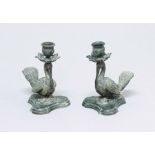 PAIR OF FRENCH BRONZE CANDLESTICKS, mid 19th century, modelled as spoonbills with a single