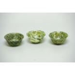 COLLECTION OF EIGHT CHINESE SPINACH NEPHRITE JADE BOWLS, with everted rims, various sizes from 12.