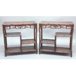 PAIR OF CHINESE HARDWOOD SHELVED UNITS, with bamboo effect pierced aprons and frames, height 77cm,