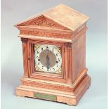 VICTORIAN WALNUT CASED MANTEL CLOCK, of temple form, the brass dial with 5 1/2" silvered chapter