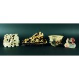 COLLECTION OF CHINESE SOAPSTONE CARVINGS, to include a crab and leaf group, two seals, dog of fo and