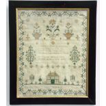GEORGIAN SAMPLER, by Sarah Smith, Yeovil, with a verse above a house and surrounded by flowers