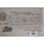A WHITE FIVE POUND NOTE. A Bank of England 'White Fiver' note dated 1947 June 2 London 2 June 1947