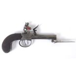 A FLINTLOCK POCKET PISTOL & SPRUNG BAYONET. A flintlock travelling pistol with turn-off 2.1/4"