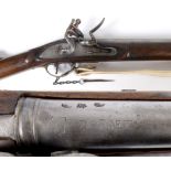 A BROWN BESS MUSKET & BAYONET. A 39" barrel Brown Bess musket with attached bayonet. The lockplate