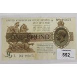 A WARREN FISHER ONE POUND NOTE. A United Kingdom of Great Britain and Ireland One Pound note, signed