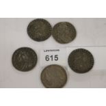 SIXPENNY PIECES. Five Sixpenny pieces from the reigns of William 111 1696, George 11 1757 another