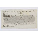 A YEOVIL & WINCANTON BANK FIVE POUND NOTE 18-- A Henry Whitmarsh and Wm Lambert White Yeovil and