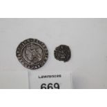 AN ELIZABETH 1 THREEPENCE PIECE. Rose behind bust variety, dated 1578. Also a Henry V111