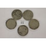 FIVE FRENCH 18thC SILVER ECU COINS. A 1726 dated Ecu of Louis XV with star shape below bust, 28.6