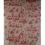 A C19TH MAGENTA 'TOILE DE JOUY' PRINT BED COVER A beautiful small double bed cover with scalloped