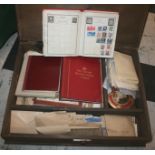 WORLD STAMP ALBUMS & FIRST DAY COVERS a wooden box containing albums and loose stamps, including