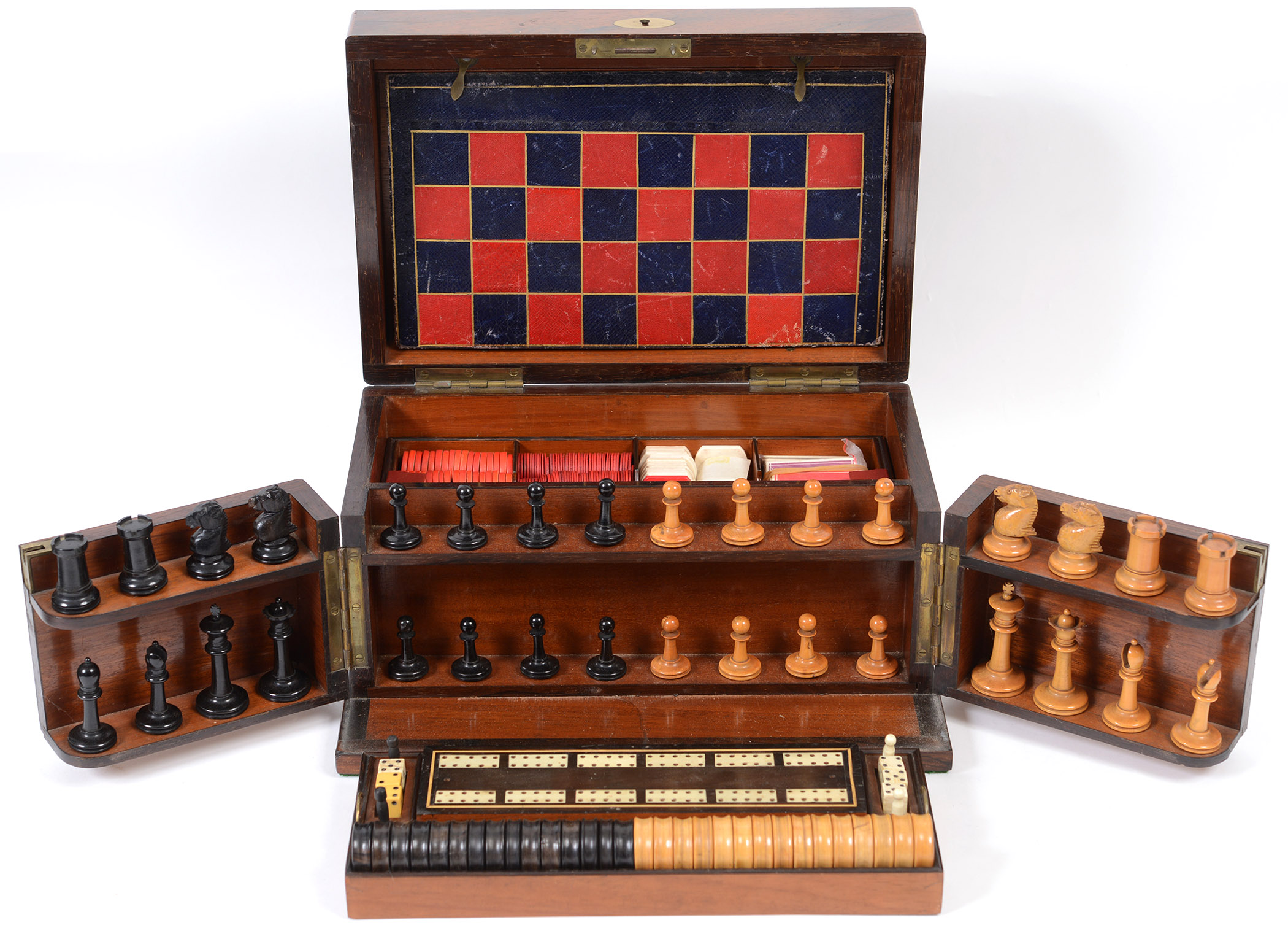 ANTIQUE GAMES COMPENDIUM a Rosewood cased Games Compendium, including a boxwood and ebony Chess Set,