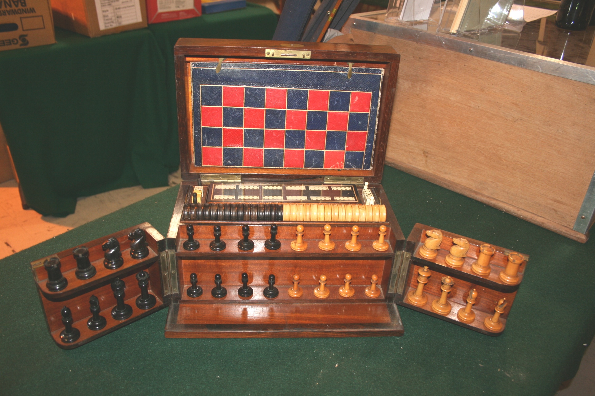ANTIQUE GAMES COMPENDIUM a Rosewood cased Games Compendium, including a boxwood and ebony Chess Set, - Image 4 of 10