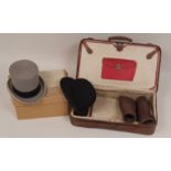 A LEATHER CASE WITH HATS & LEATHER SPATS Brown leather travelling case with a bowler hat labelled '