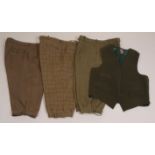 A COLLECTION VINTAGE TWEED PLUS FOURS & WAISTCOAT Three pairs of plus fours. All of a similar size