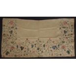 AN C18TH EMBROIDERED SILK APRON Raised silver thread work, coloured silk threads, in many