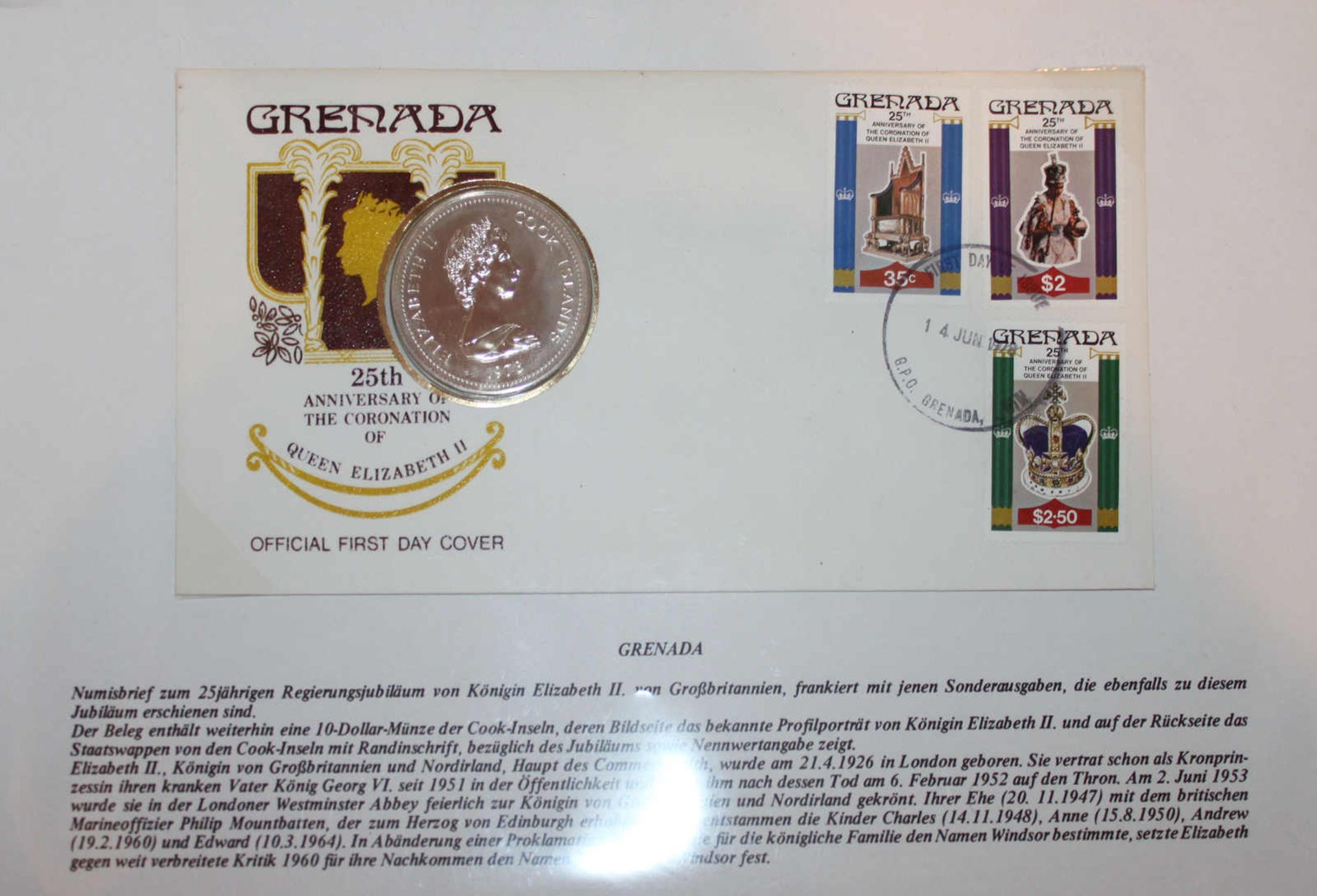 Numisbrief Grenada mit 1 Silbermünze, Sterling Silber, 10 Dollar 1978, herausgegeben zum 25. - Image 2 of 2