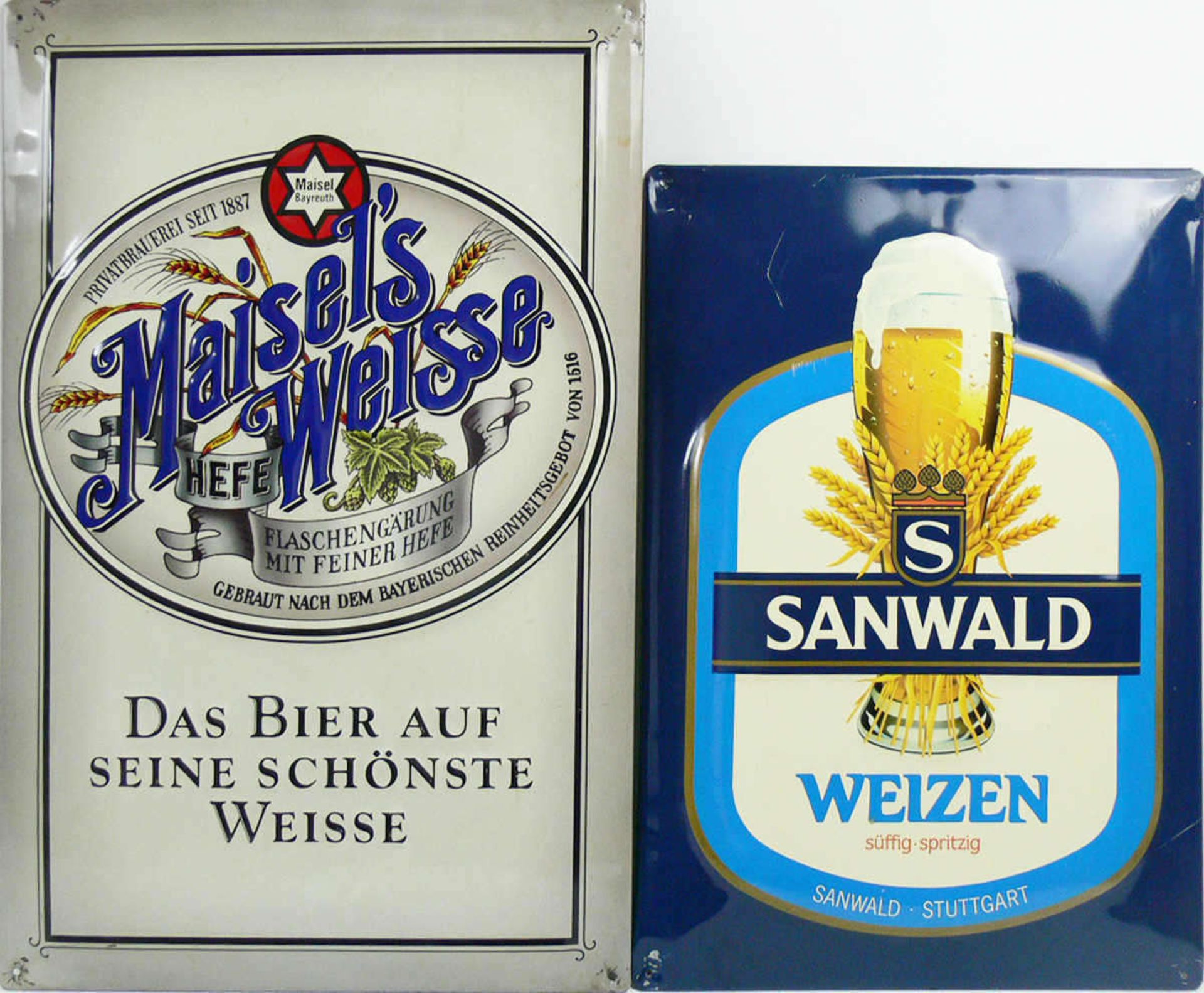 Konvolut Blech - Bierschilder, bestehend aus: Sanwald - Weizen, Maisels Weisse, Weldebräu und Kelts.