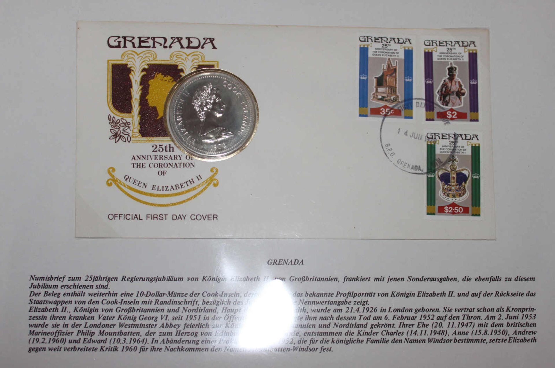 Numisbrief Grenada mit 1 Silbermünze, Sterling Silber, 10 Dollar 1978, herausgegeben zum 25.