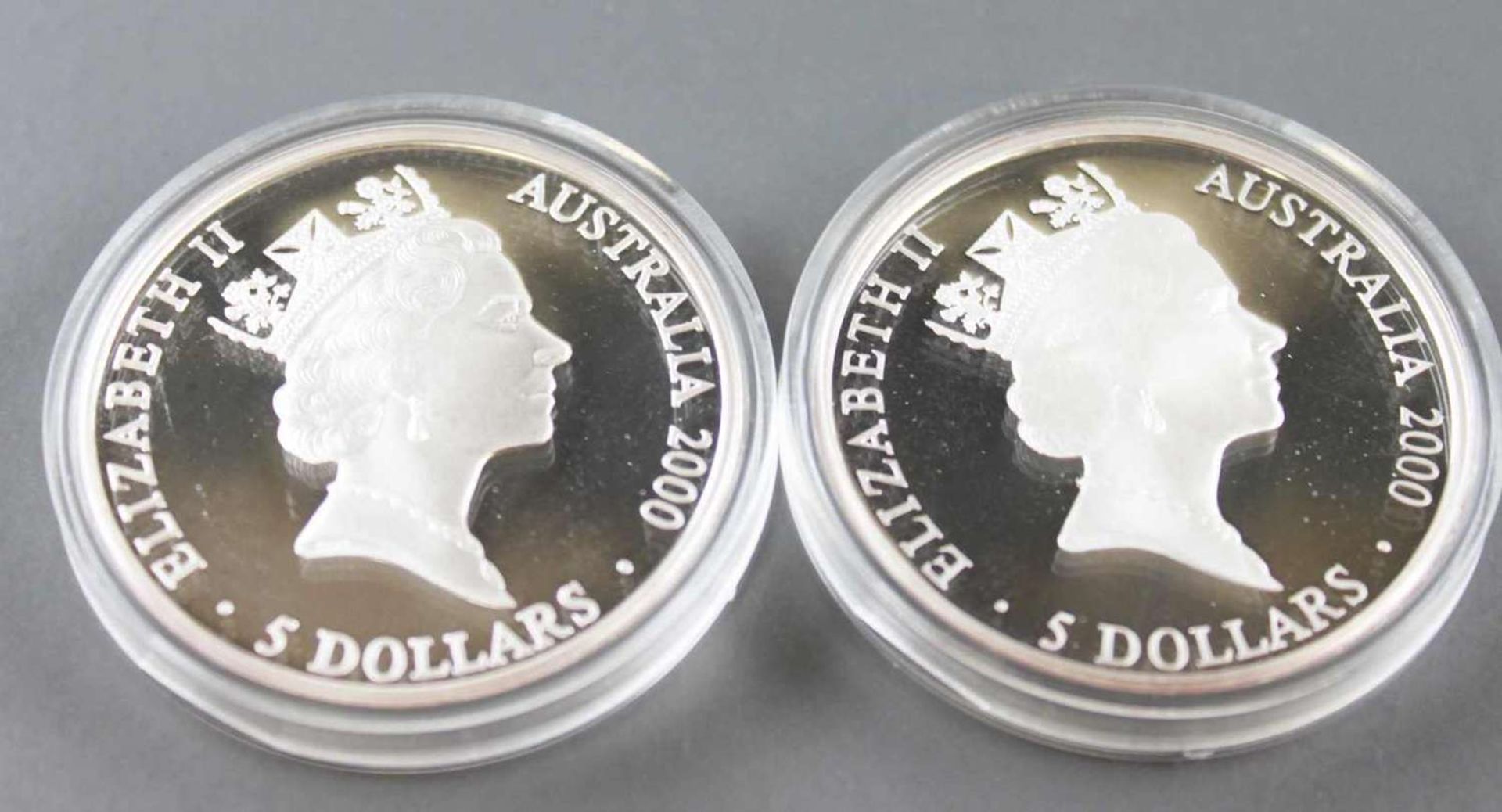 Australien 2000, 2 x 5 - Dollars - Silbermünzen: "Antiker Sport" und "Känguruh". Silber 999,