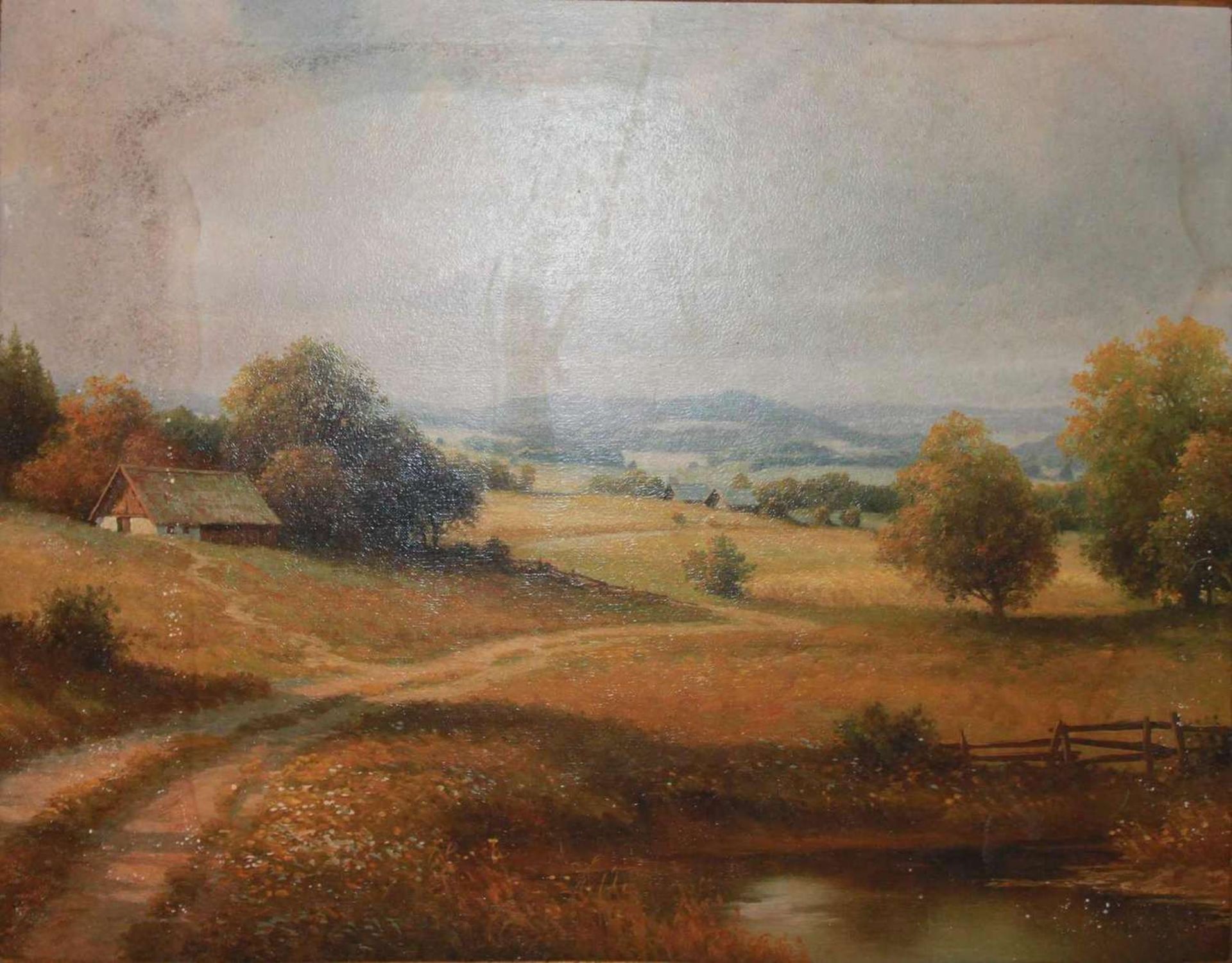 "Hügellandschaft im Herbst", anonymer Maler , Ölgemälde mit Wasserschaden, Breite ca. 50cm, Höhe - Image 2 of 2