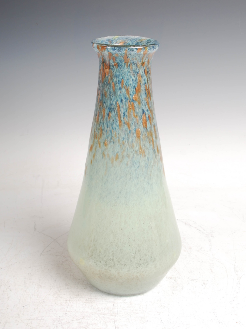 A Monart vase, shape S, mottled blue and green glass with gold inclusions, 32.5cm high.